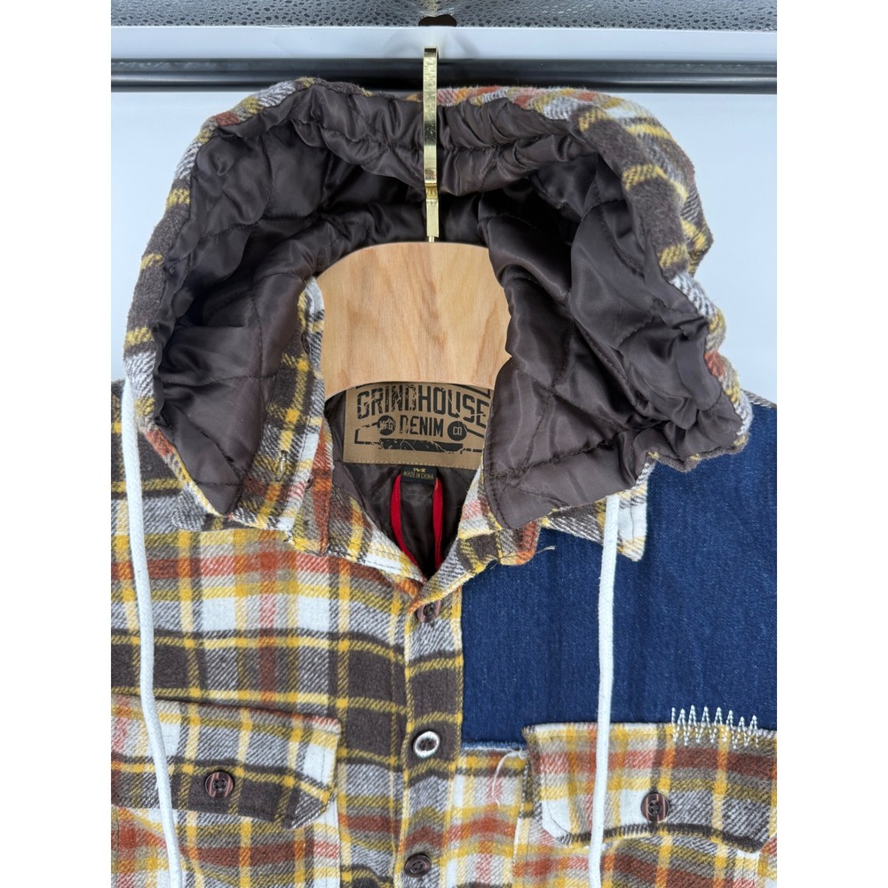 Grindhouse Denim Co Mens Hooded Flannel Shirt Jacket Patchwork Plaid Brown Med